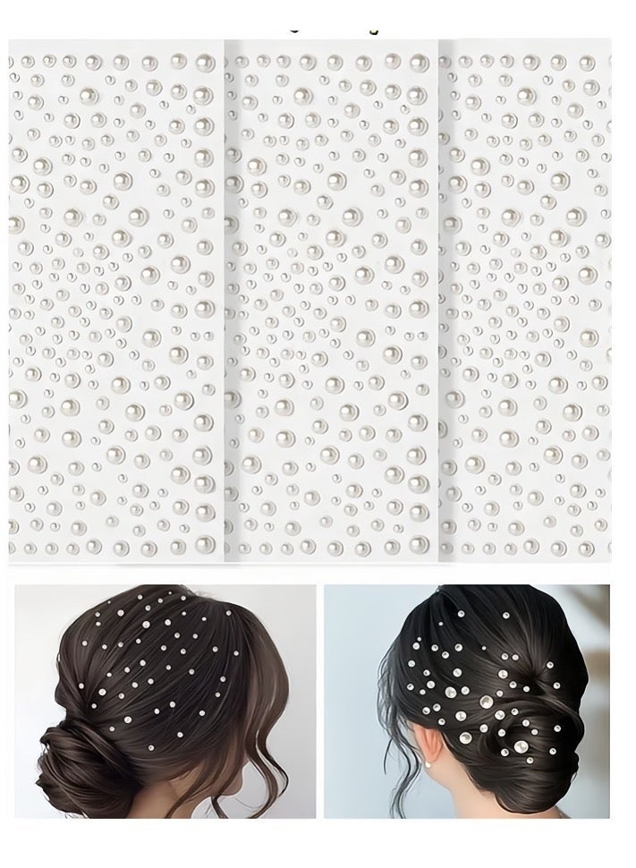 3 ورق ملصقات اللؤلؤة اللاصقة الذاتية (1269PCS) ، 3D اللؤلؤة البيضاء الراينستينز للشعر ، ديكور الوجه والأظافر ، الأحجار الكريمة متعددة الحجم للمكياج والحرف DIY - Image 1